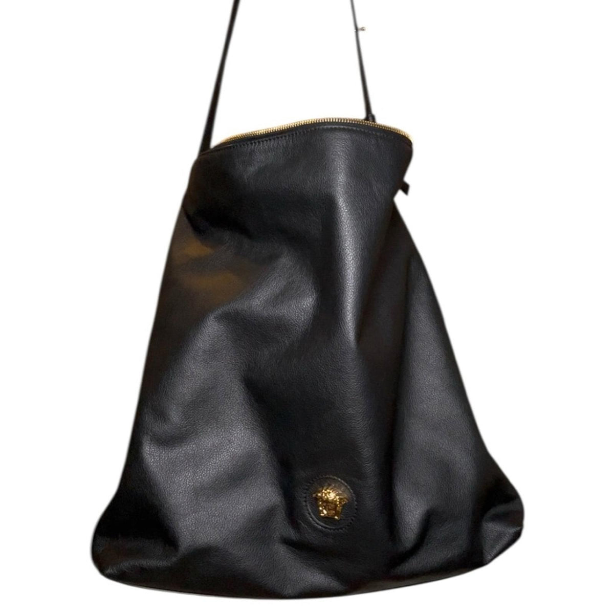 Versace Black 100% Pebbled Leather Large Hobo Shoulder Tote Bag NWT
