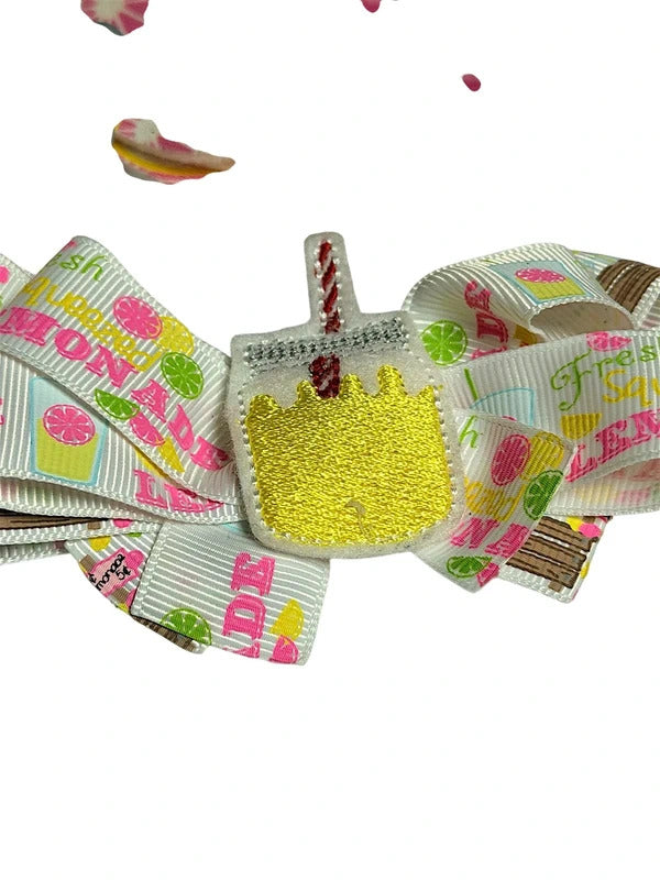 Lemonade Theme Pink Citrus Hair Bow and Chunky Bead Bracelet Set skuQ