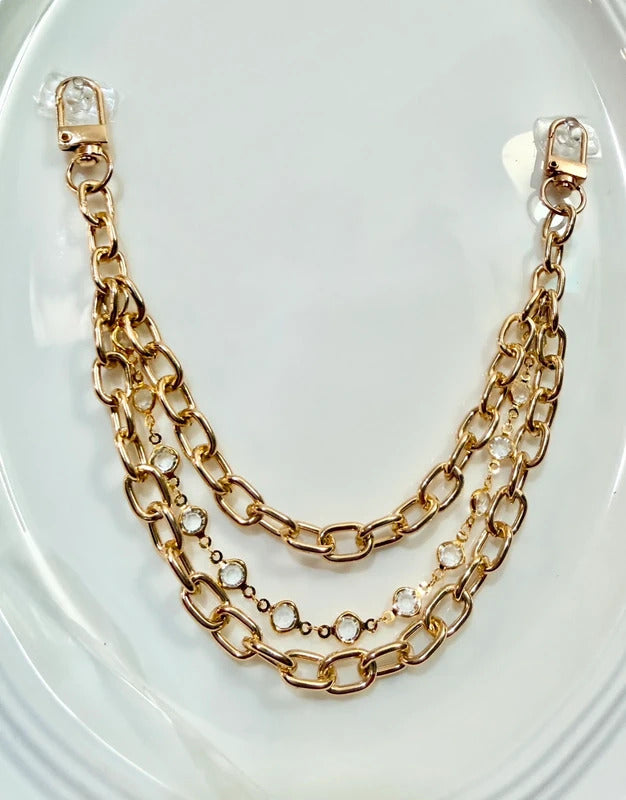 Gold Tone and Rhinestones Handbag Charm Chain layered with gold tone hardware