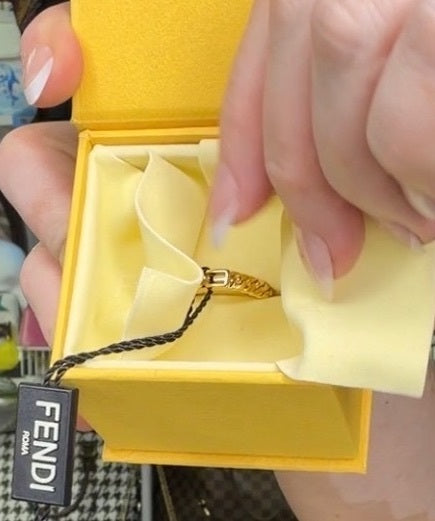 Fendi Gold Tone Chain Link Logo Ring Size 7