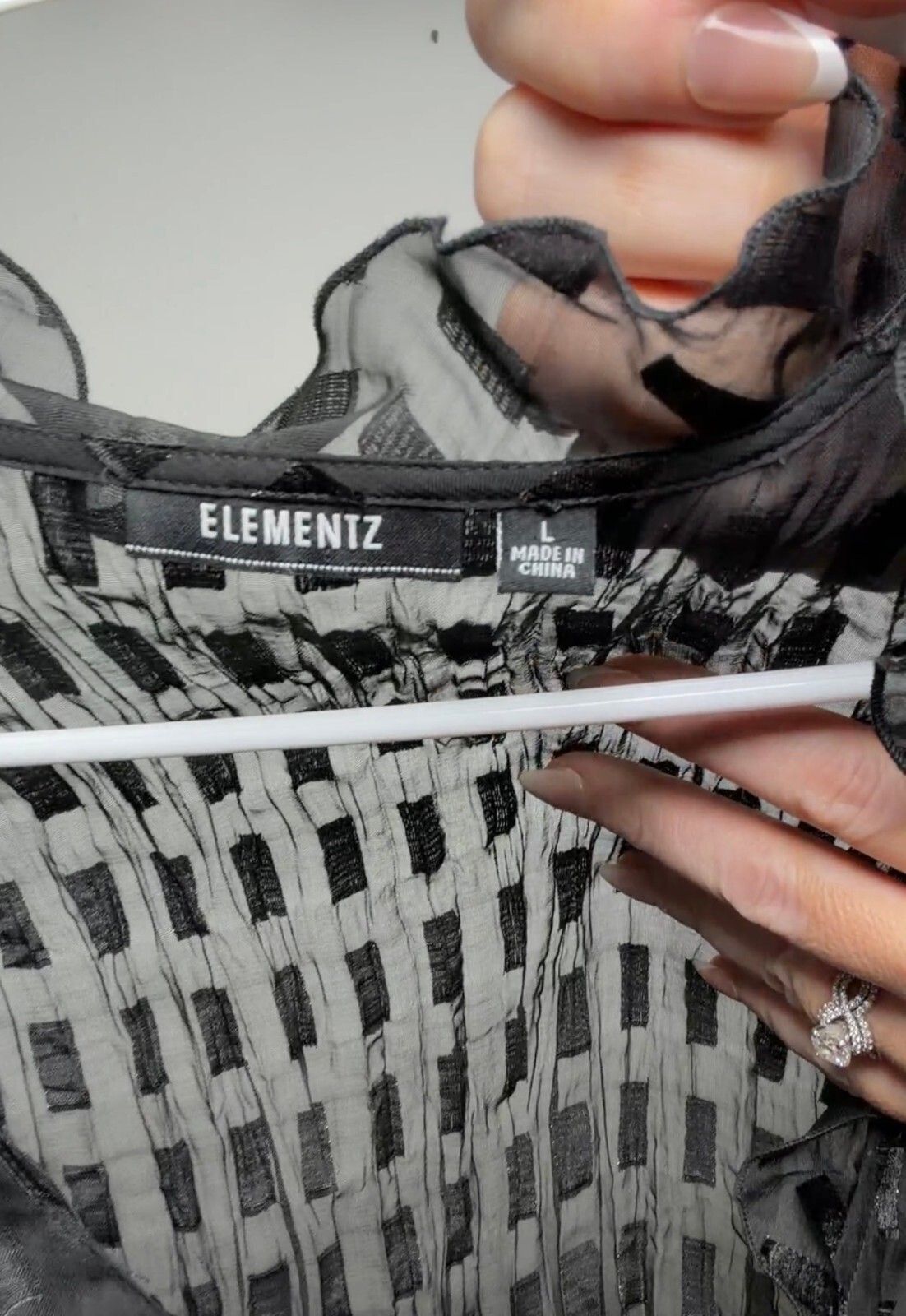 Elementz Black Sheer Textured Ruffle Blouse Size L skuM