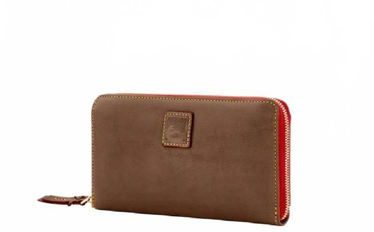 Dooney & Bourke Pebble Grain Zip-Around Wallet Brown with Red Interior