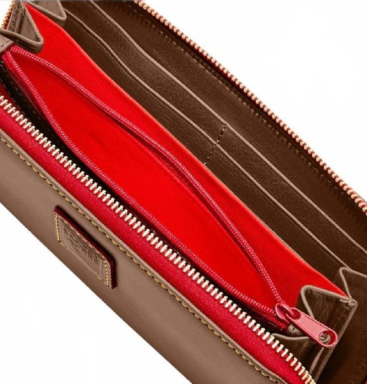 Dooney & Bourke Pebble Grain Zip-Around Wallet Brown with Red Interior