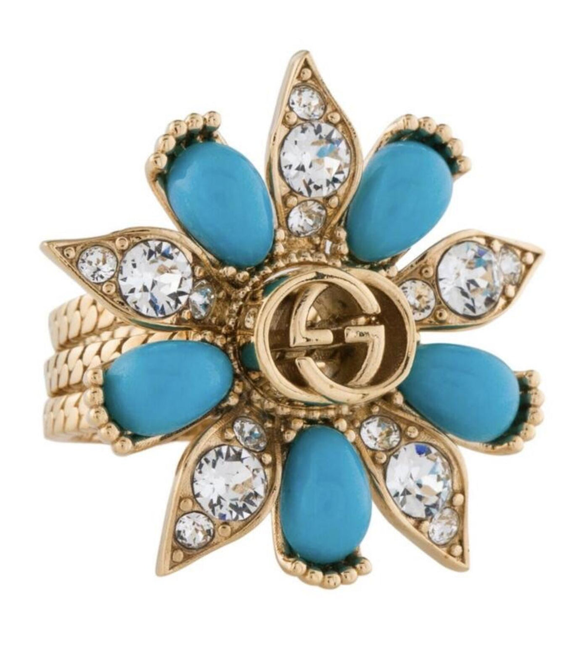 Gucci Crystal & Resin Interlocking GG Flower Ring Blue Gold Tone Size S 6.25