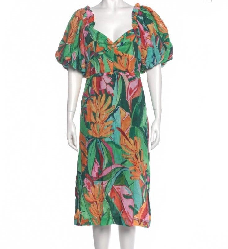 Farm Rio Tropical Print Puff Sleeve Midi Dress Women’s Large Green Floral Size L
