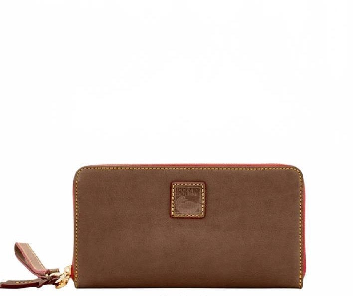 Dooney & Bourke Pebble Grain Zip-Around Wallet Brown with Red Interior