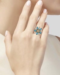 Gucci Crystal & Resin Interlocking GG Flower Ring Blue Gold Tone Size S 6.25