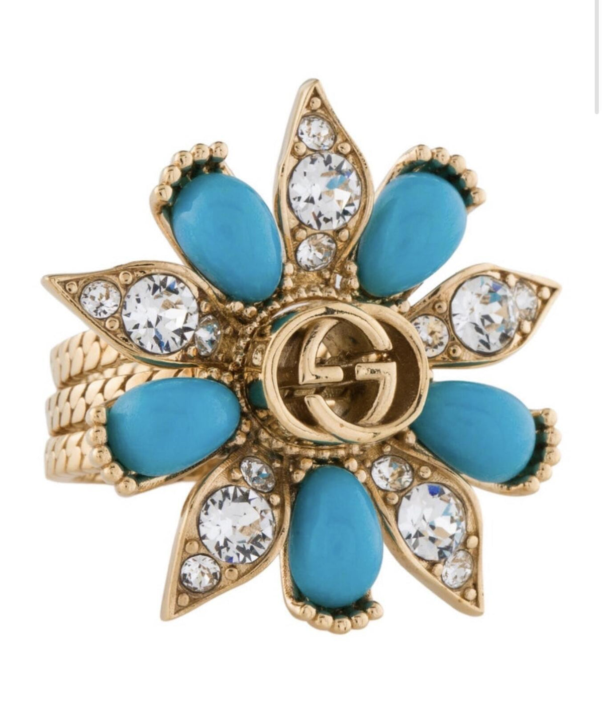 Gucci Crystal & Resin Interlocking GG Flower Ring Blue Gold Tone Size S 6.25