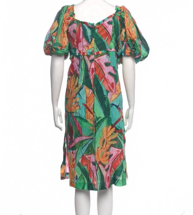 Farm Rio Tropical Print Puff Sleeve Midi Dress Women’s Large Green Floral Size L