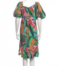 Farm Rio Tropical Print Puff Sleeve Midi Dress Women’s Large Green Floral Size L