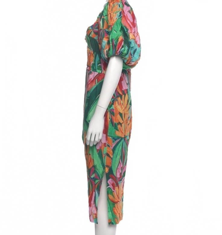 Farm Rio Tropical Print Puff Sleeve Midi Dress Women’s Large Green Floral Size L