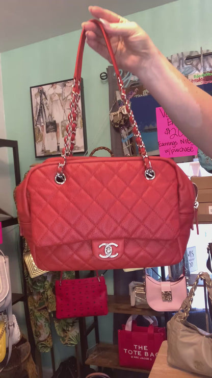 Chanel Orange Quilted Caviar Leather Shoulder Bag Silver Hardware