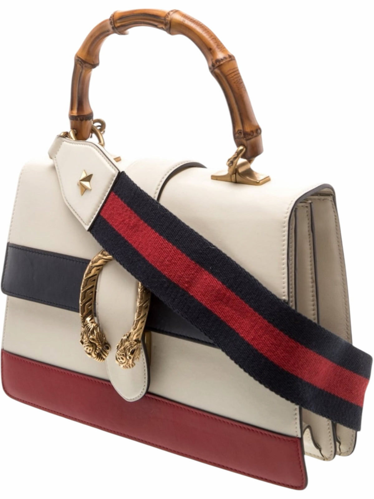 YoloLuxe Handbags off-white leather bag with bamboo handle, navy and red stripes, and antique-gold tiger head closure.