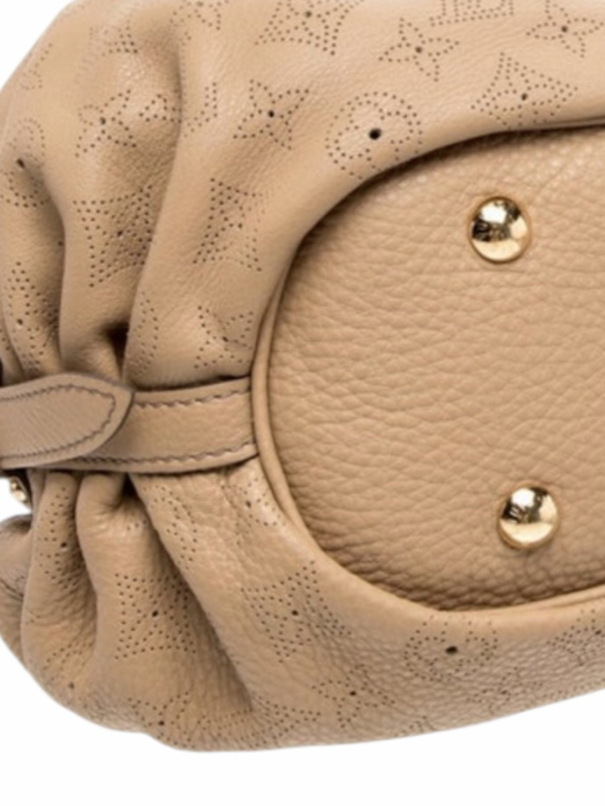 YoloLuxe Handbags beige perforated leather hobo bag base with gold-tone protective feet and monogram detailing.