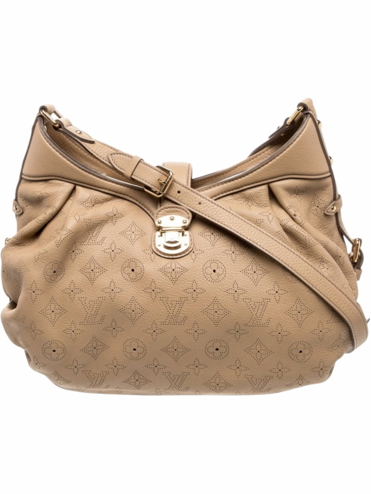 YoloLuxe Handbags beige perforated leather hobo bag with gold-tone push-lock hardware and adjustable shoulder strap.