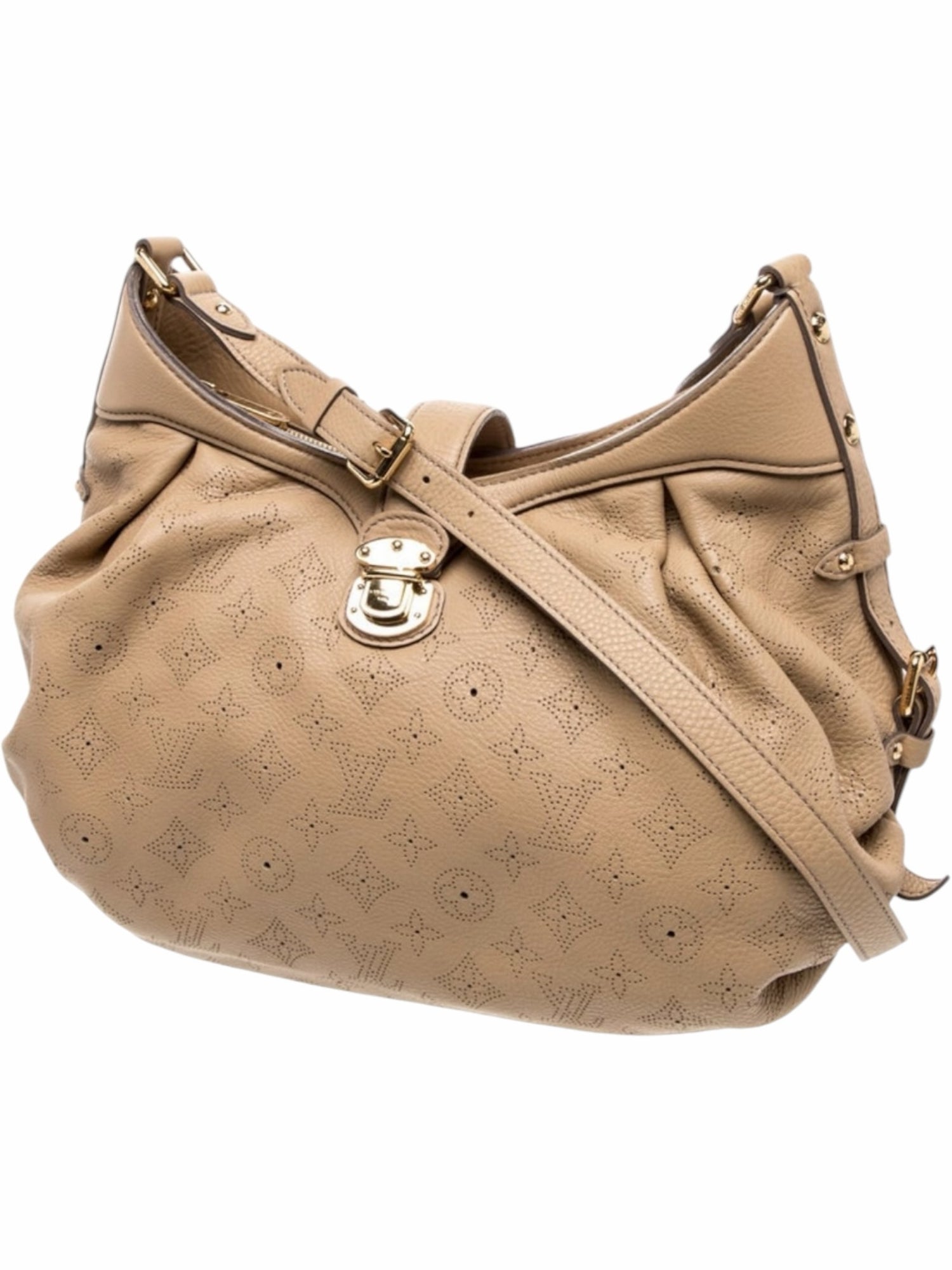 YoloLuxe Handbags beige perforated leather hobo bag with gold-tone push-lock hardware and adjustable shoulder strap.