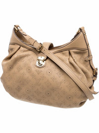 YoloLuxe Handbags beige perforated leather hobo bag with gold-tone push-lock hardware and adjustable shoulder strap.