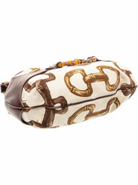 YoloLuxe Handbags Gucci bamboo print canvas hobo bag with brown leather trim and iconic bamboo hardware details.