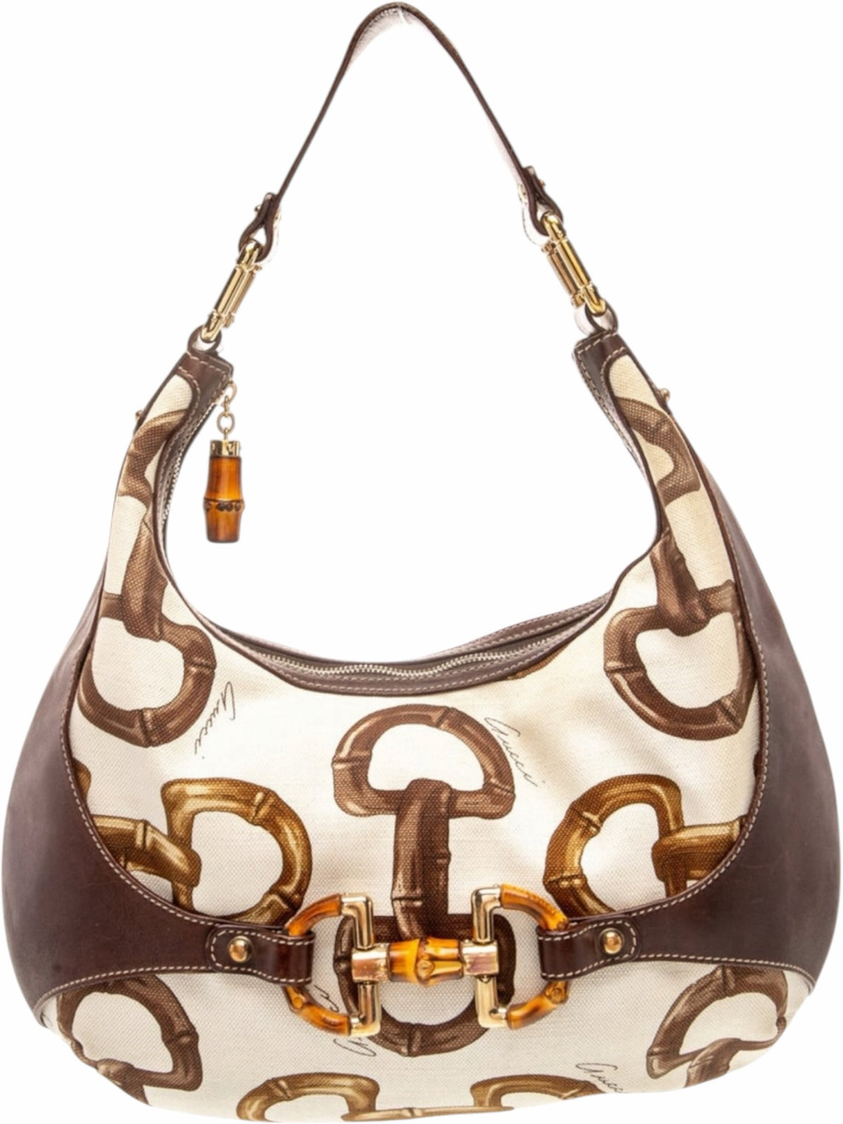 YoloLuxe Handbags Gucci bamboo print canvas hobo bag with brown leather trim and signature bamboo hardware accents.