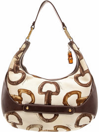 YoloLuxe Handbags Gucci bamboo print canvas hobo shoulder bag with brown leather trim and gold hardware accents.