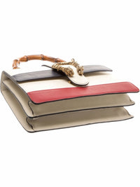 YoloLuxe Handbags Gucci bamboo top handle bag in off-white leather with navy and red stripes and tiger head closure