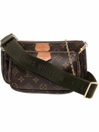 YoloLuxe Handbags Louis Vuitton Multi Pochette in brown monogram canvas with olive green logo jacquard strap