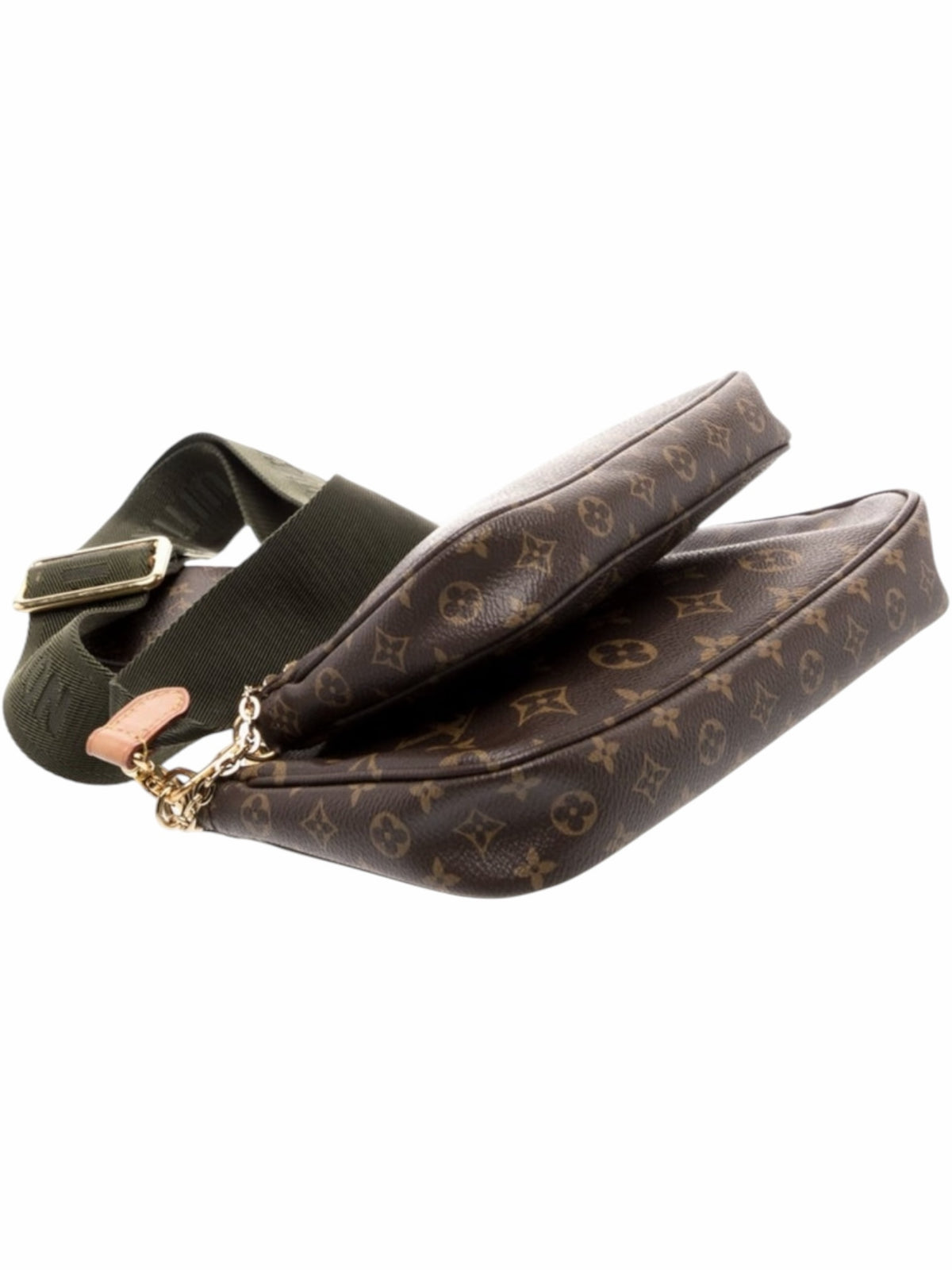 YoloLuxe Handbags Louis Vuitton Multi Pochette in monogram canvas with olive green jacquard strap and gold hardware.