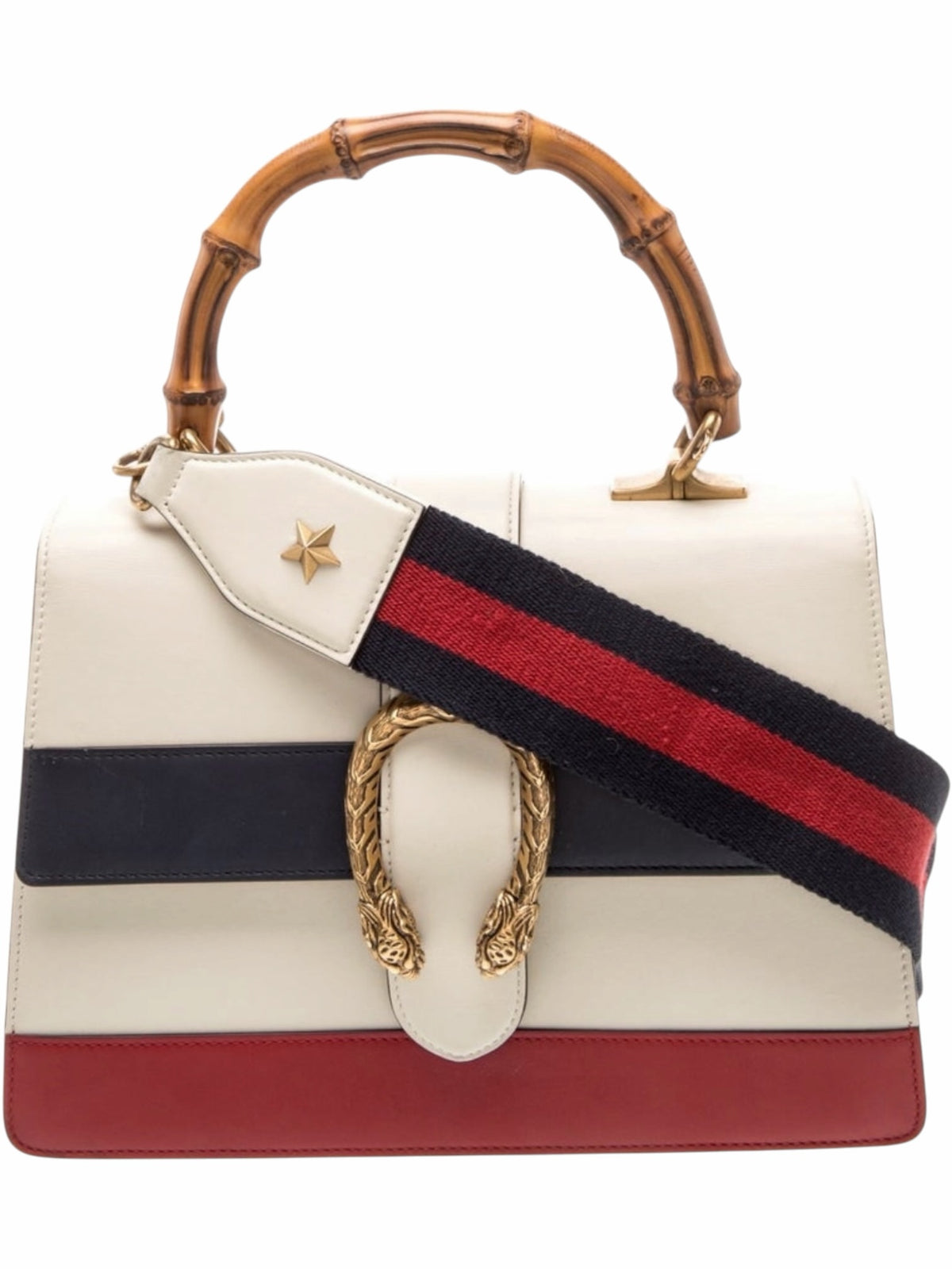 YoloLuxe Handbags off-white leather bag with bamboo handle, navy and red stripes, and gold tiger head closure.