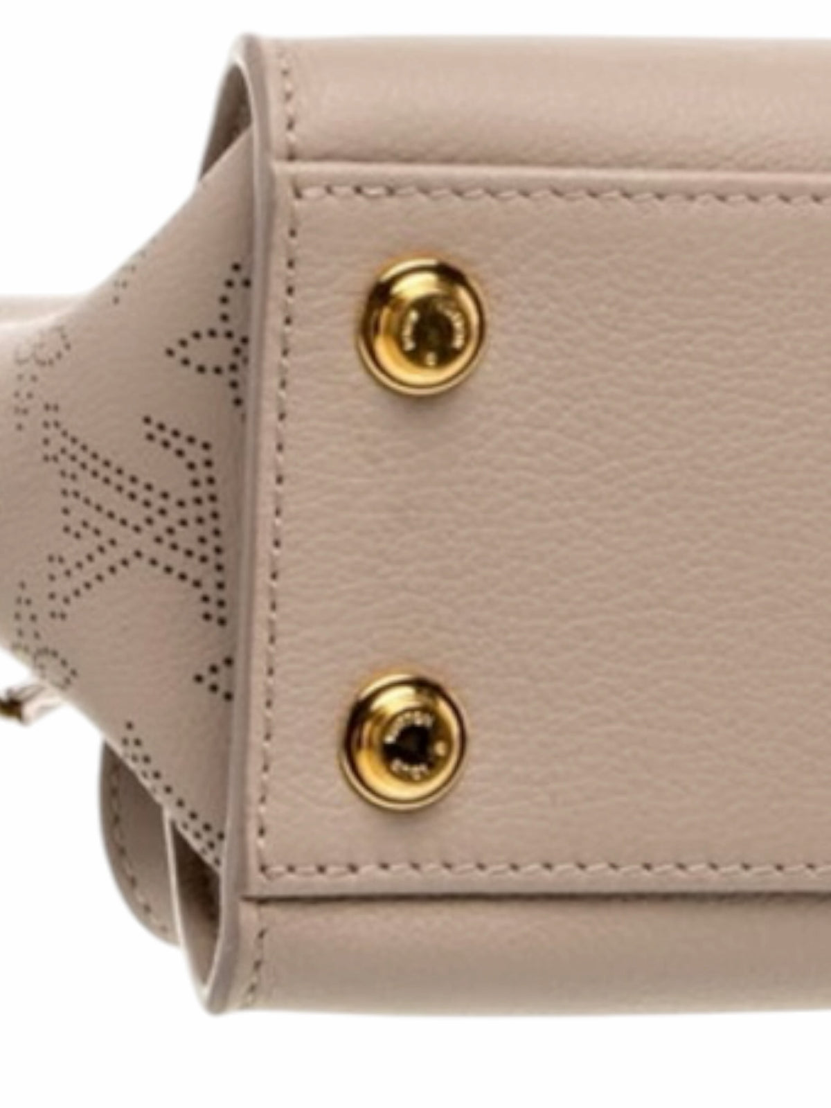 YoloLuxe Handbags taupe leather handbag base with gold-tone protective studs and perforated Monogram side detail