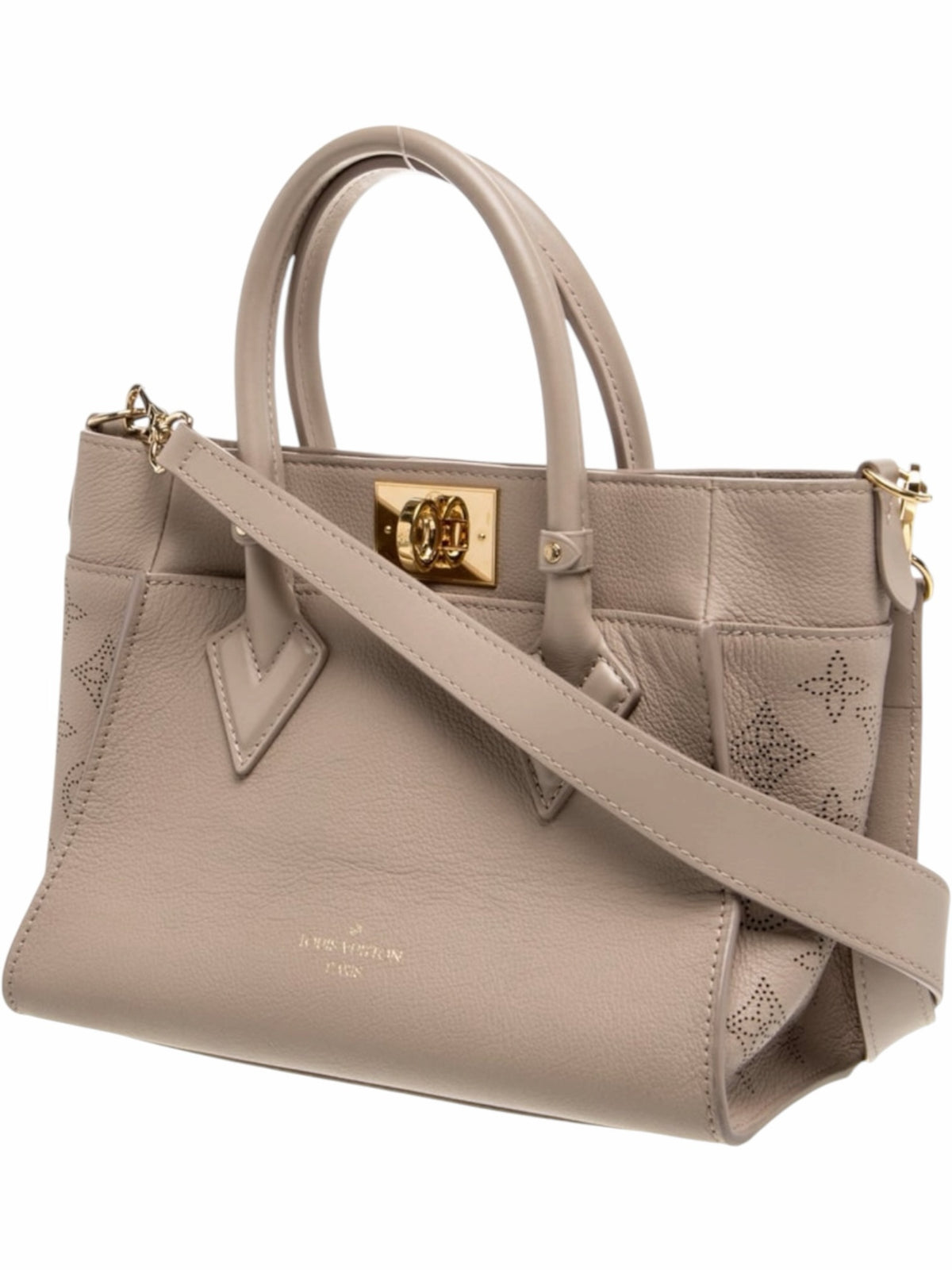 YoloLuxe Handbags taupe leather Louis Vuitton handbag with perforated monogram sides and gold-tone hardware.