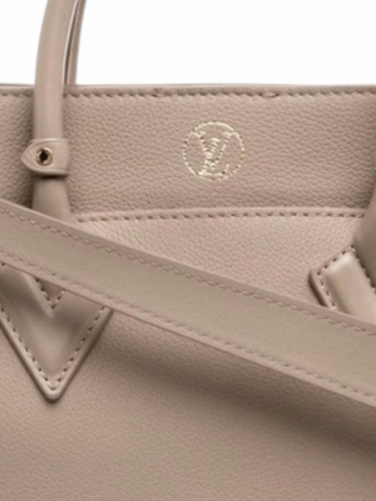 YoloLuxe Handbags taupe leather handbag with embossed Louis Vuitton logo and gold hardware details