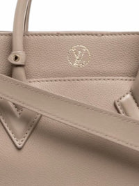 YoloLuxe Handbags taupe leather handbag with embossed Louis Vuitton logo and gold hardware details
