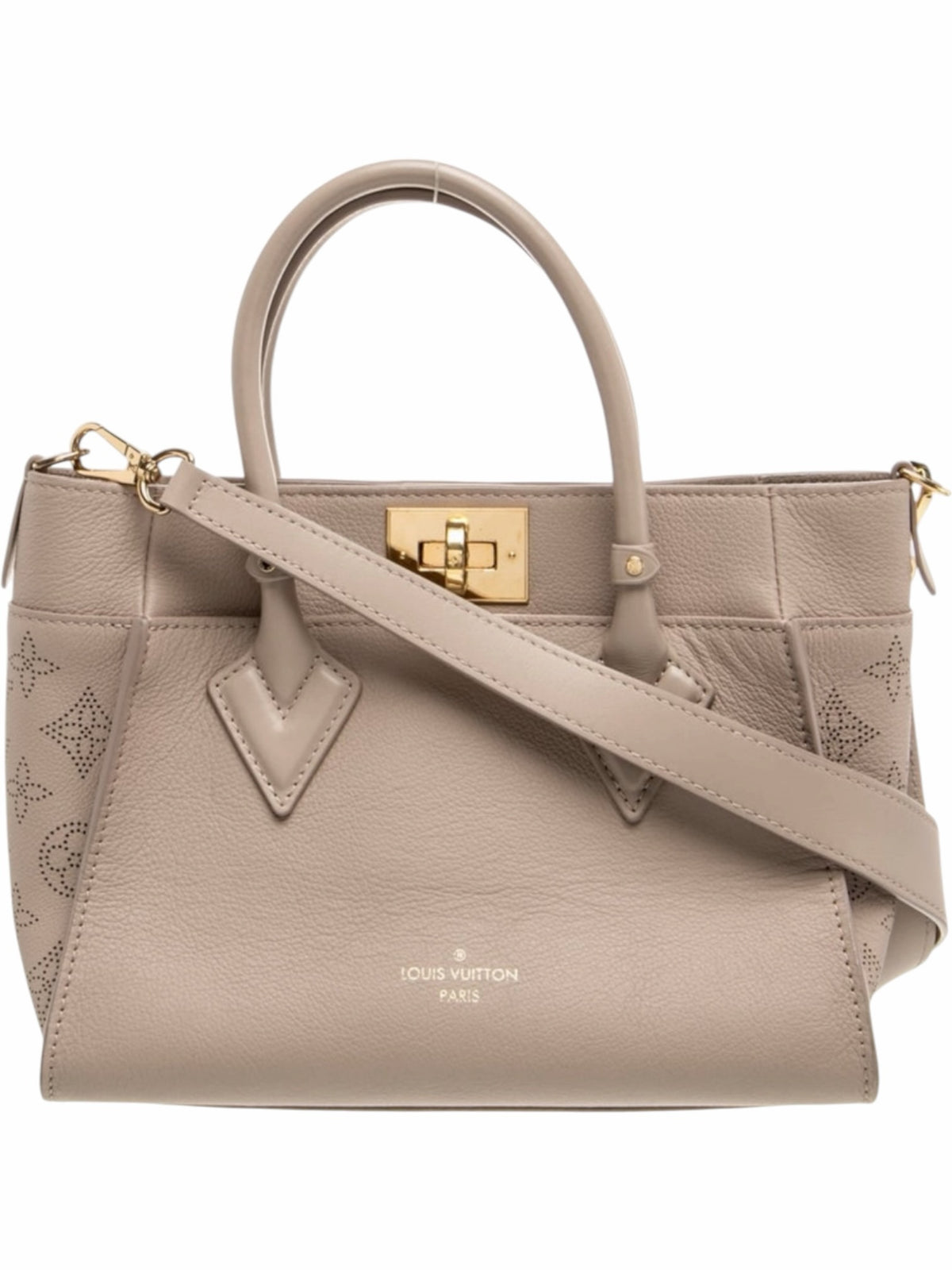YoloLuxe Handbags taupe leather Louis Vuitton handbag with gold hardware, top handles, and perforated side panels.