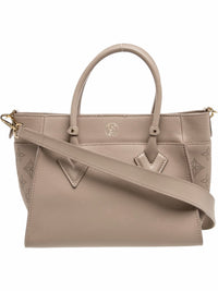 YoloLuxe Handbags taupe leather handbag with perforated monogram side panels, gold hardware, and detachable strap.